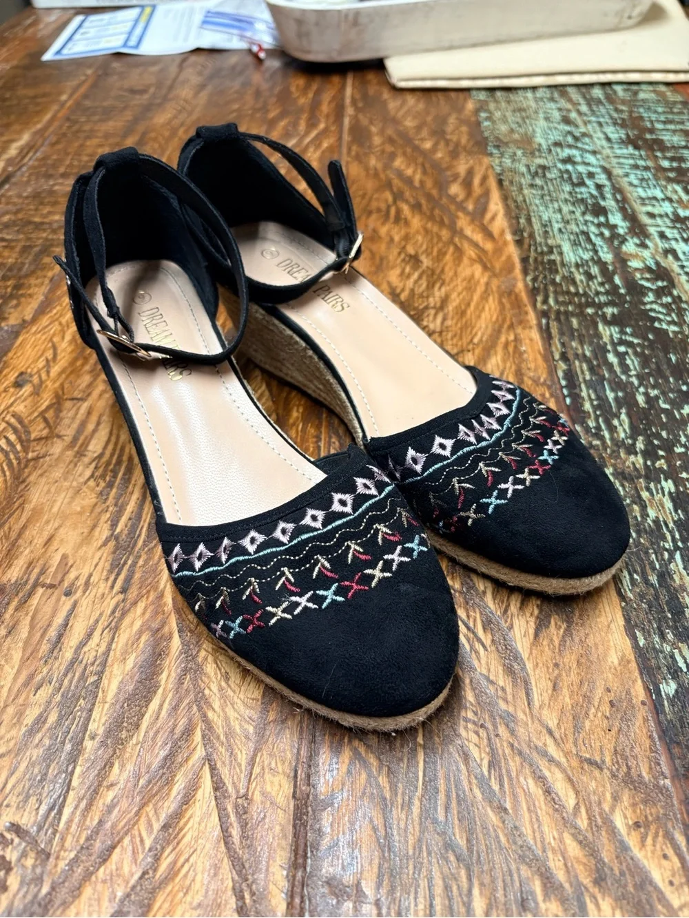Dream Pairs Black Faux Suede Embroidered Espadrille Wedge Ankle Strap Sandals 9